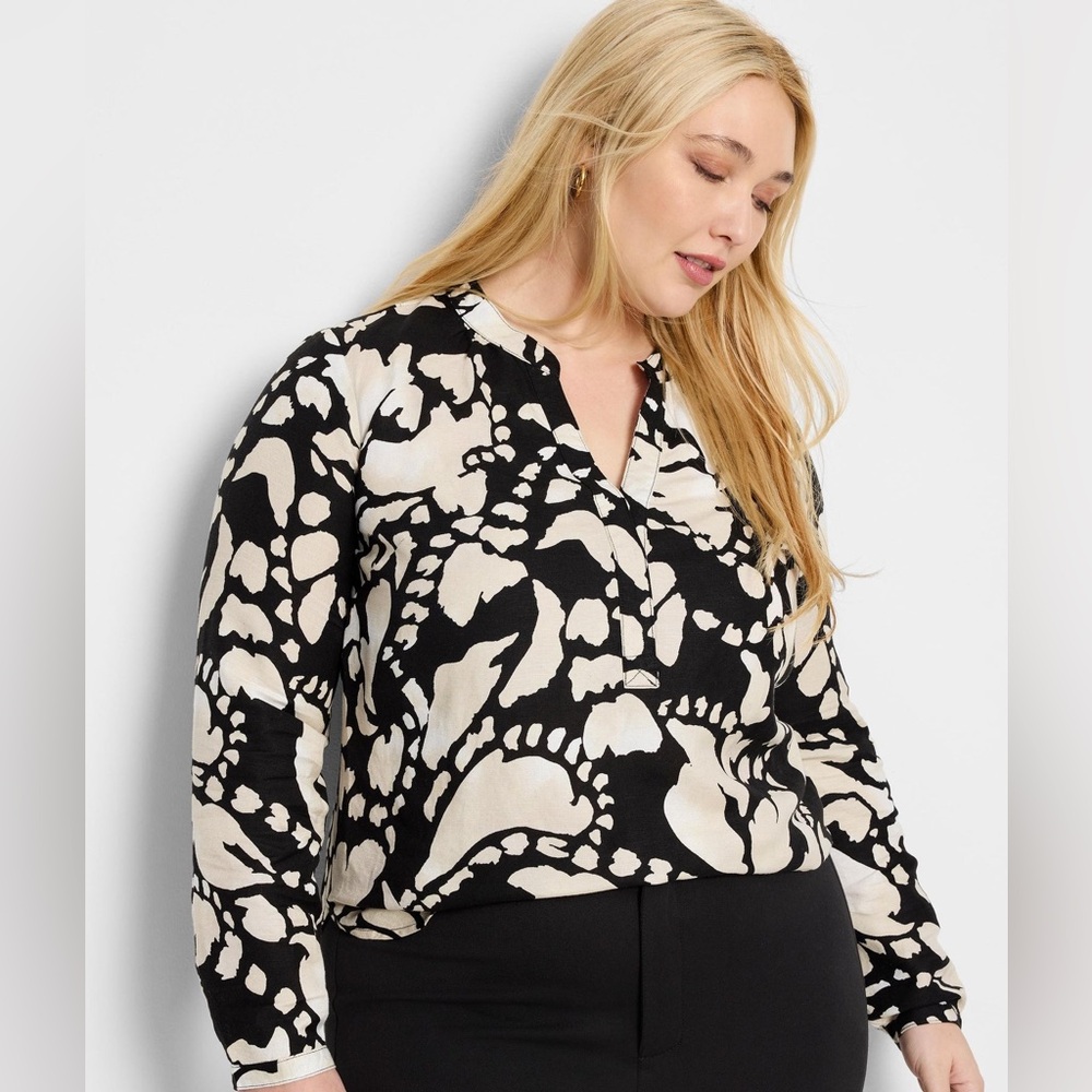Nic+Zoe Evening Petal Linen Blend Woven Shirt Black White size 1X